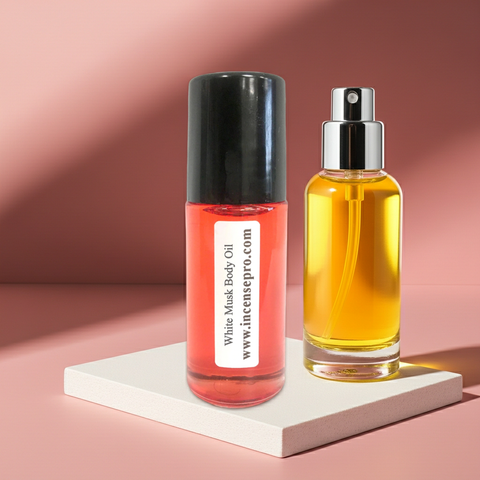 White Musk fragrance body oil for men and women for soft musk scent wear, body care, and fragrance layering.