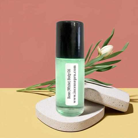 White Rose Body Oil bottle for softening dry skin, hydrating the body, and everyday skincare use.