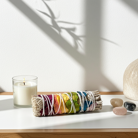 White Sage with 7 Chakra Rose Petals 4-inch smudge bundle