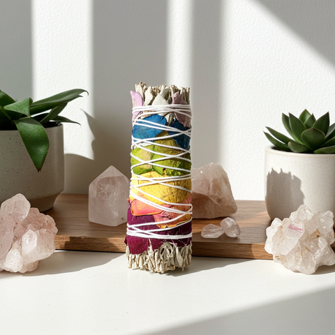 4-inch White Sage smudge bundle with 7 Chakra and rose petals