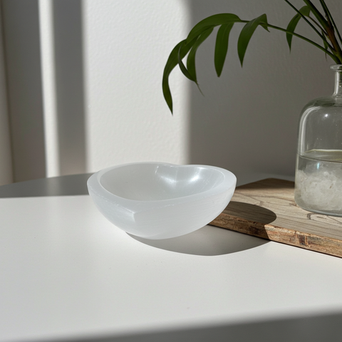 White selenite heart crystal bowl for storing rings, tumbled stones, and meditation altar items.