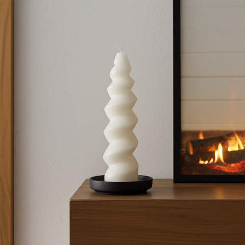 White Selenite spiral tower crystal point for chakra cleansing, altar use, and peaceful room energy.