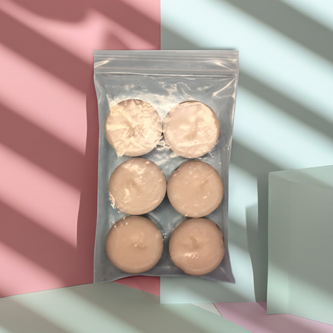 White tea candles arranged neatly in a circular pattern on a clean surface.