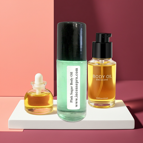 Women’s Pink Sugar scented body oil bottle for hydrating dry skin and daily fragrance wear.