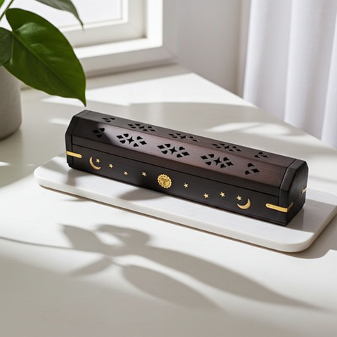 Wooden coffin incense burner for sticks and cones
