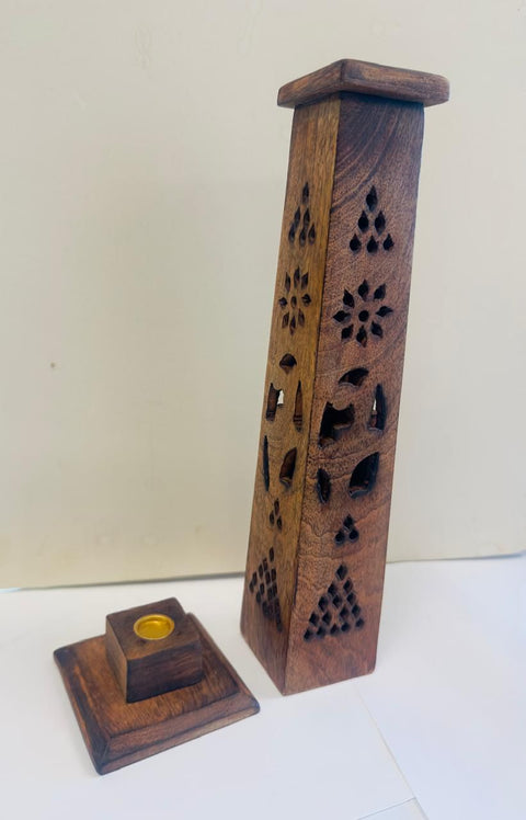 Wooden tower incense burner holder for safe incense burning during yoga, spiritual practice, and daily relaxation.