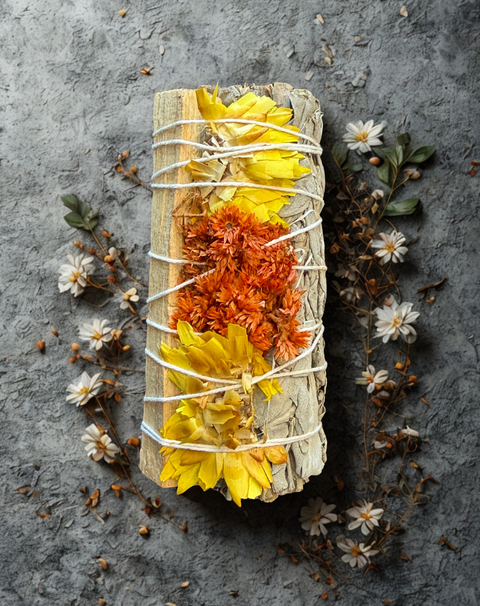 Sage with PaloSanto in Yellow smudge bundle for ritual cleansing, meditation practice, and sacred space use.