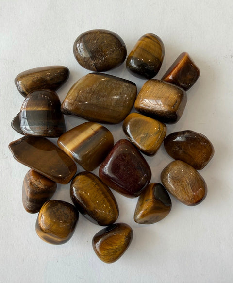 Yellow Tiger's Eye Tumbled Stones group — polished gold and brown crystals for clarity, motivation, and protection.
