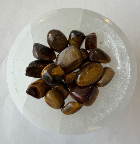 Yellow Tiger's Eye Tumbled Stones — natural golden banded crystals for Solar Plexus Chakra and personal power.