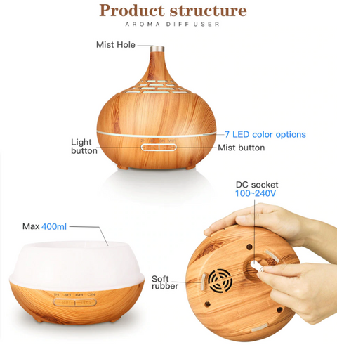 Air Diffuser Humidifier 400ml showing essential oil mist output for relaxation and air quality improvement.
