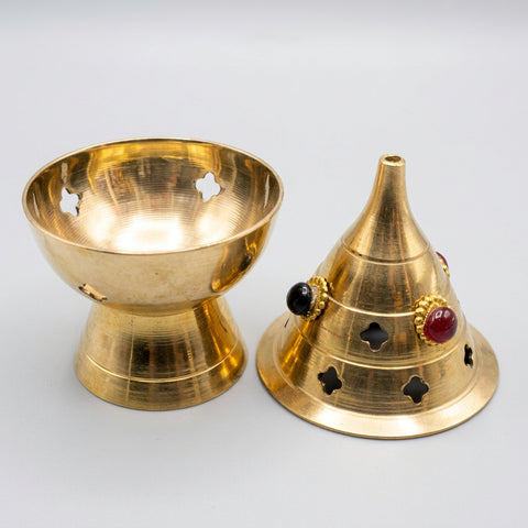Standing brass incense burner with beads, bowl and cone lid, view 2