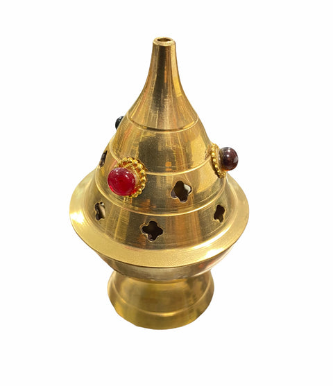 Standing brass incense burner with ornate bead decoration for resin incense and herbs