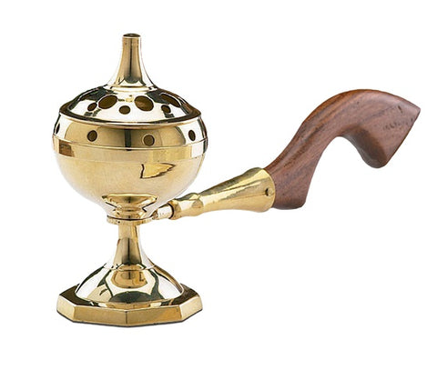 Large 7 inch brass incense burner with wooden handle for resin incense and ceremonial use