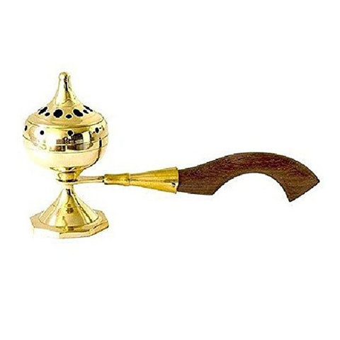 Small brass incense burner with wooden handle for personal ritual and resin incense use