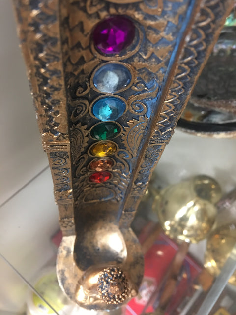 Buddha Seven Chakra Incense Burner showing seven colorful chakra gemstones for spiritual rituals and yoga practice.