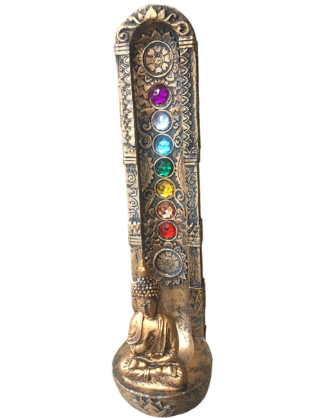 Buddha Seven Chakra Incense Burner in resin with antique bronze finish for meditation and altar decor.