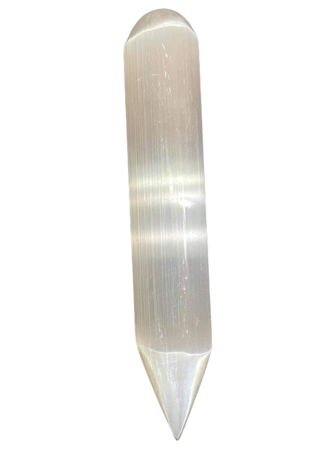 White selenite crystal massage wand for body massage, energy cleansing, and relaxation use.