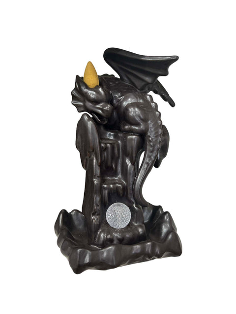 Dragon with colour changing crystal ball waterfall backflow incense burner with LED mist display