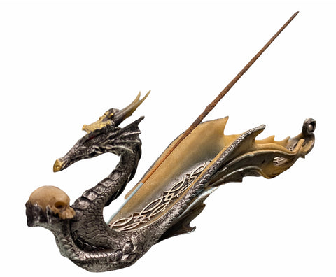 Dragon Holding Skull incense burner with detailed mythological dragon and skull sculpture