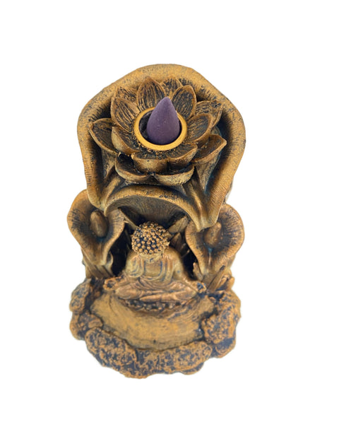Golden Buddha in Meditation backflow incense burner with gold finish and sacred mist