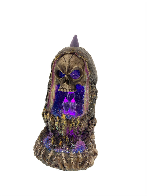 Crystal Cave and Skull backflow incense burner with dark dramatic resin sculpture