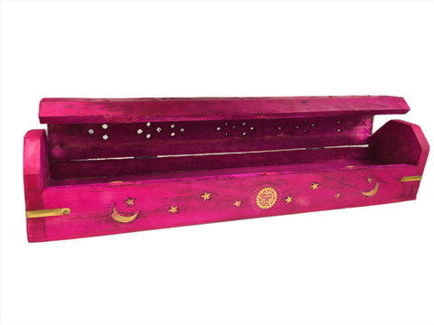 Gothic wooden coffin incense burner with decorative design