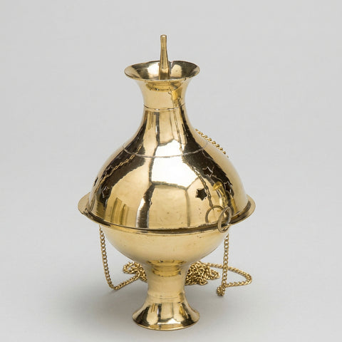 Hanging brass incense burner on chain, view 2