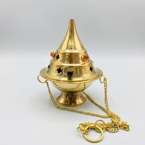 Hanging brass incense burner with beads, view 2