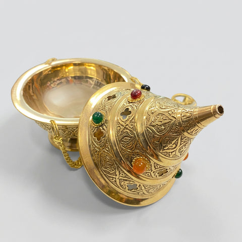Hanging brass incense burner with beads, open lid view 4