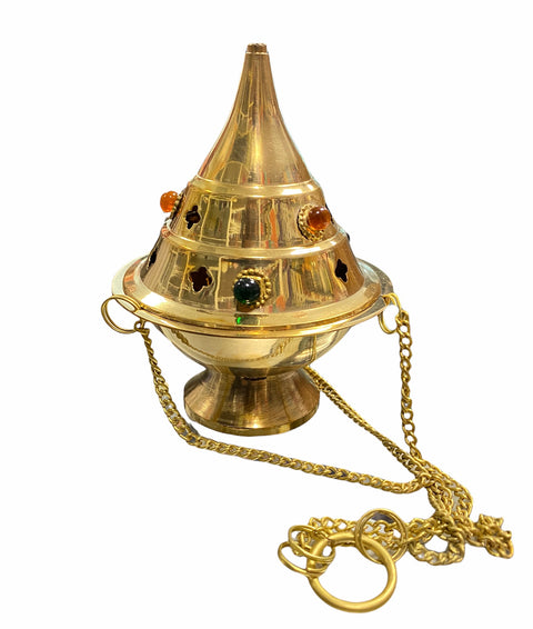 Hanging brass incense burner with decorative beads on chain for resin incense
