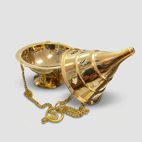 Designed hanging brass incense burner, open view 2