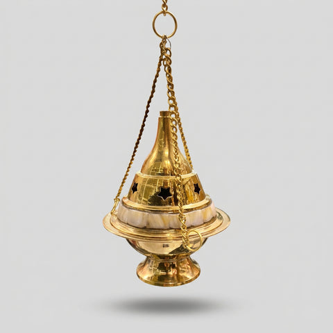 Hanging brass incense burner with mother of pearl, view 2