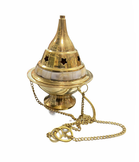 Hanging brass incense burner with genuine mother of pearl inlay and chain