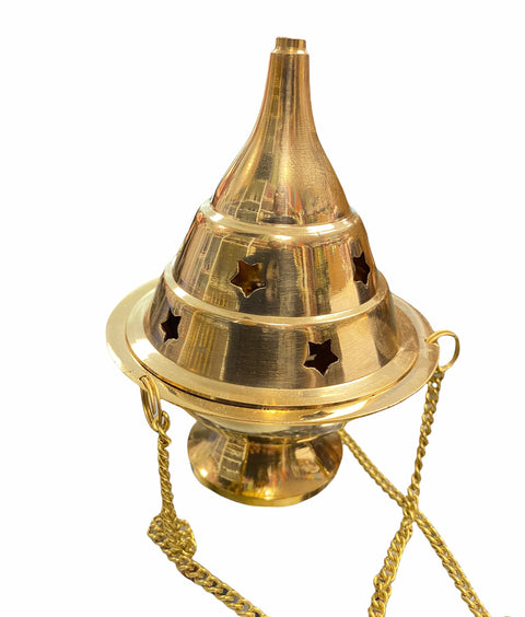 Designed hanging brass incense burner with decorative ornate patterns and chain