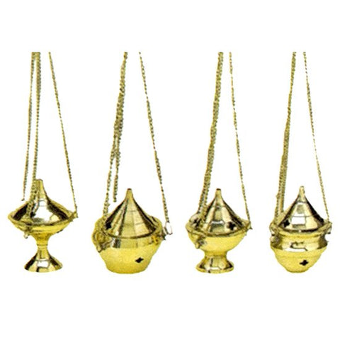 Set of four hanging brass incense burners in coordinating sizes for ceremonies