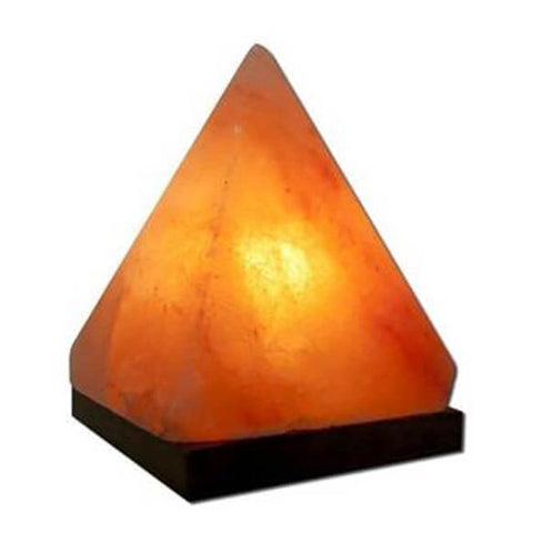 Himalayan Pyramid Salt Lamp 7 inch with rosewood base emitting warm amber glow for air purification and relaxation.