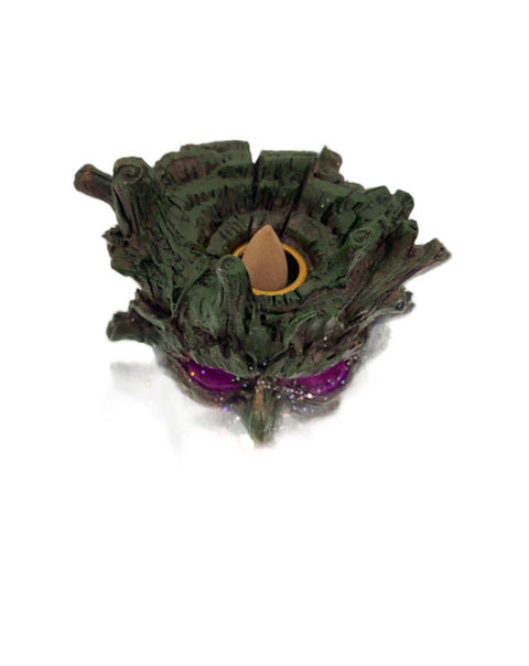 LED Tree Stump backflow incense burner with enchanted forest glow and cascading mist
