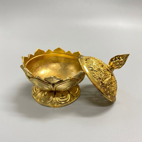 Gold lotus brass incense burner with lid open, view 2