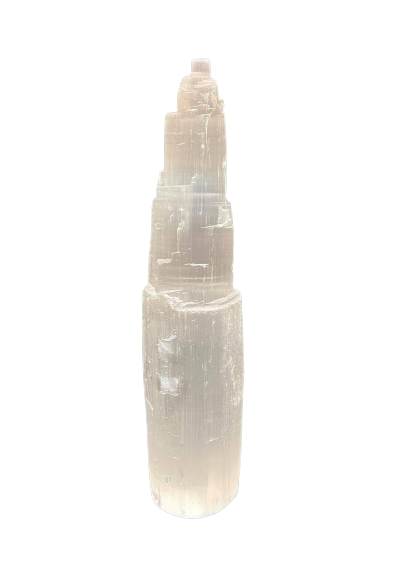 Natural White Selenite crystal tower for spiritual cleansing, meditation practice, and peaceful room display.