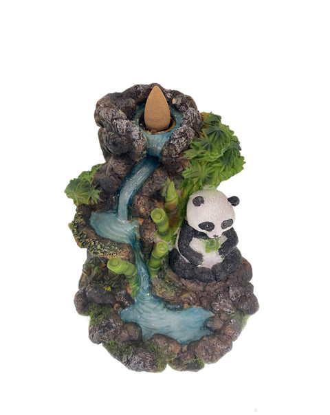 Panda in Waterfall backflow incense burner with joyful panda and cascading mist waterfall