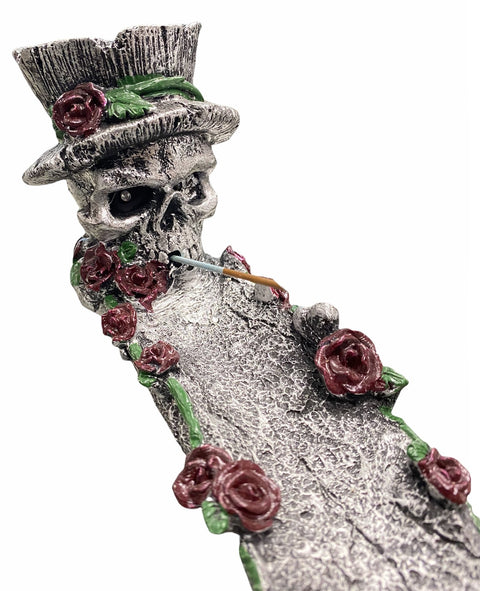Skull in Rose Garden incense burner with gothic romantic skull and roses composition