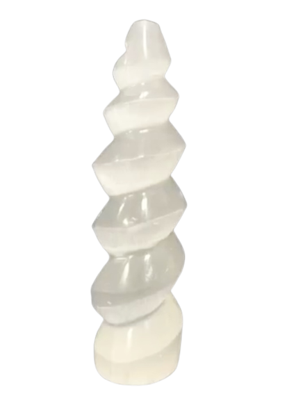 Spiral White Selenite healing tower for meditation practice, energy clearing, and spiritual balance.