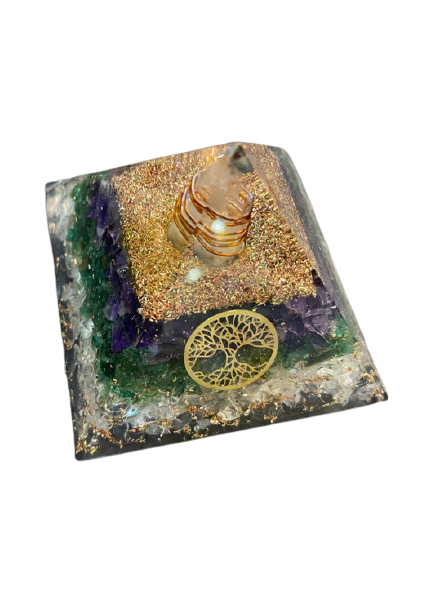 Tree of Life Orgonite Pyramid (Clear quartz, aventurine, amethyst) - Incense Pro