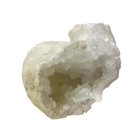 text: White Calcite Geode rough stone display piece for shelf styling, meditation spaces, and mineral collections.