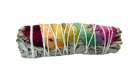 White Sage with 7 Chakra Rose Petals Bundle hand-tied with natural twine for chakra healing and smudging practice.