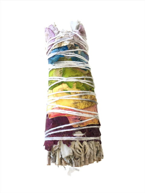 White Sage with 7 Chakra Rose Petals Smudge Stick 4 inch for chakra balancing, energy cleansing, and spiritual ritual.