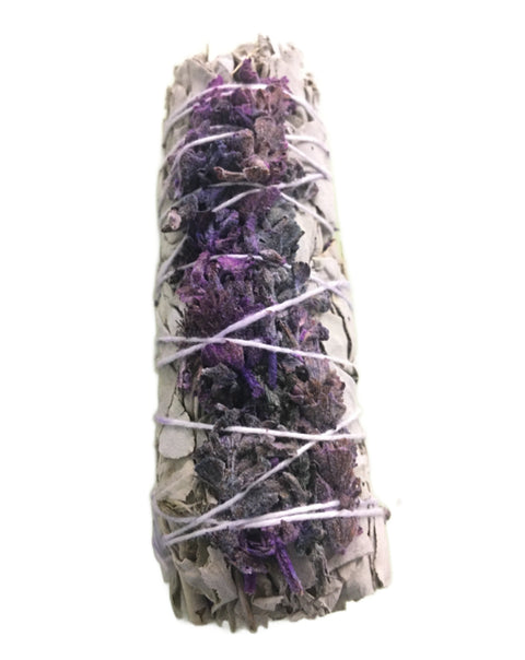 White Sage with Lavender Flower Smudge Stick 4 inch for spiritual cleansing, energy clearing, and meditation ritual.