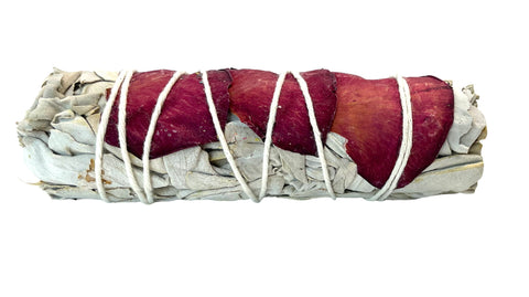 White Sage with Fresh Rose Petals Bundle hand-tied with natural twine for smudging and love intention rituals.