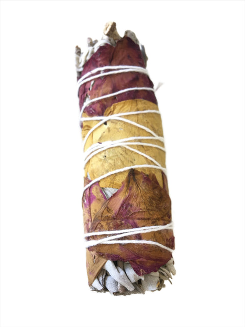 White Sage with Fresh Rose Petals Smudge Stick 4 inch for heart chakra work, space cleansing, and self-care rituals.