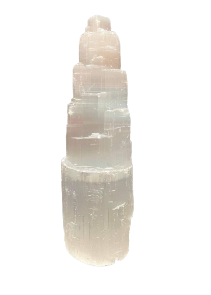 White Selenite crystal lamp tower for bedroom lighting, relaxation, and peaceful room décor.